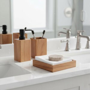 Acacia soap dispenser, toothbrush holder, and tray on white bathroom counter