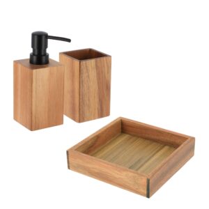 A three-piece bathroom set including a soap dispenser, toothbrush holder, and tray.