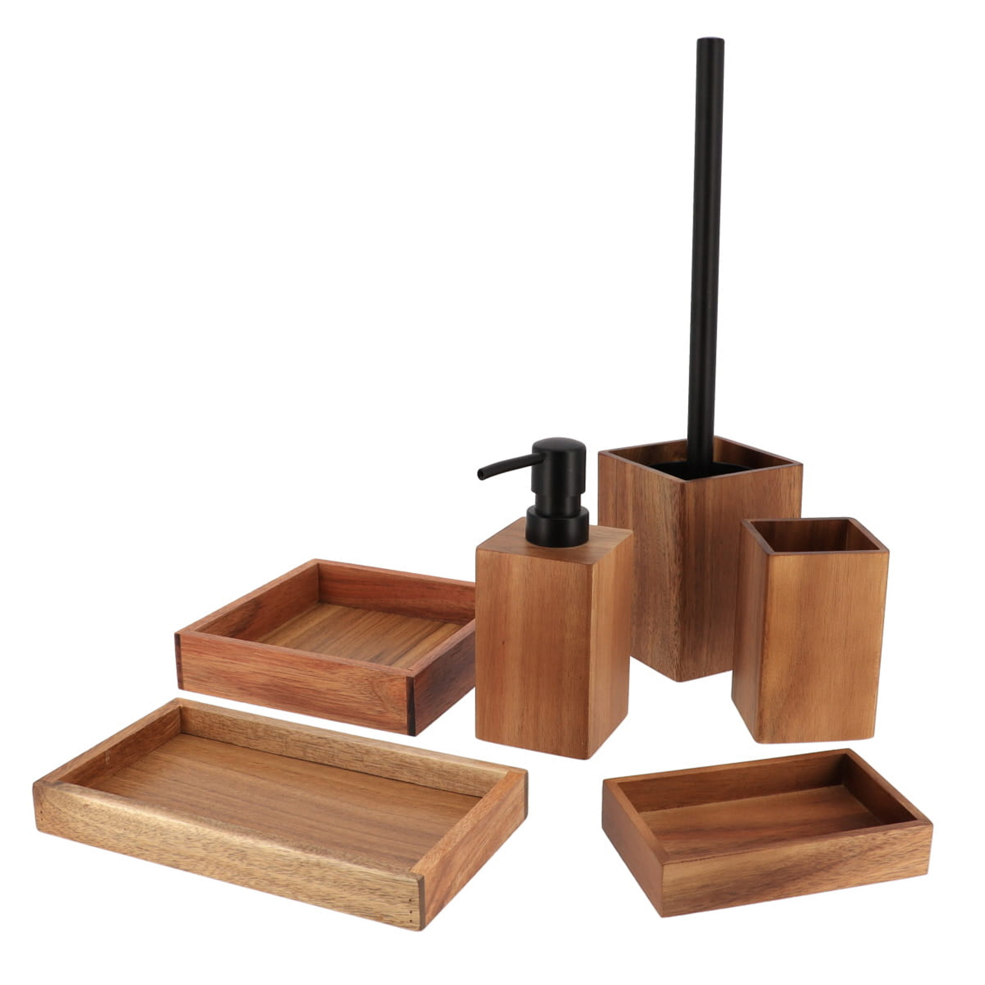 A six-piece bathroom set including a soap dispenser, toothbrush holder, toilet brush, and trays.