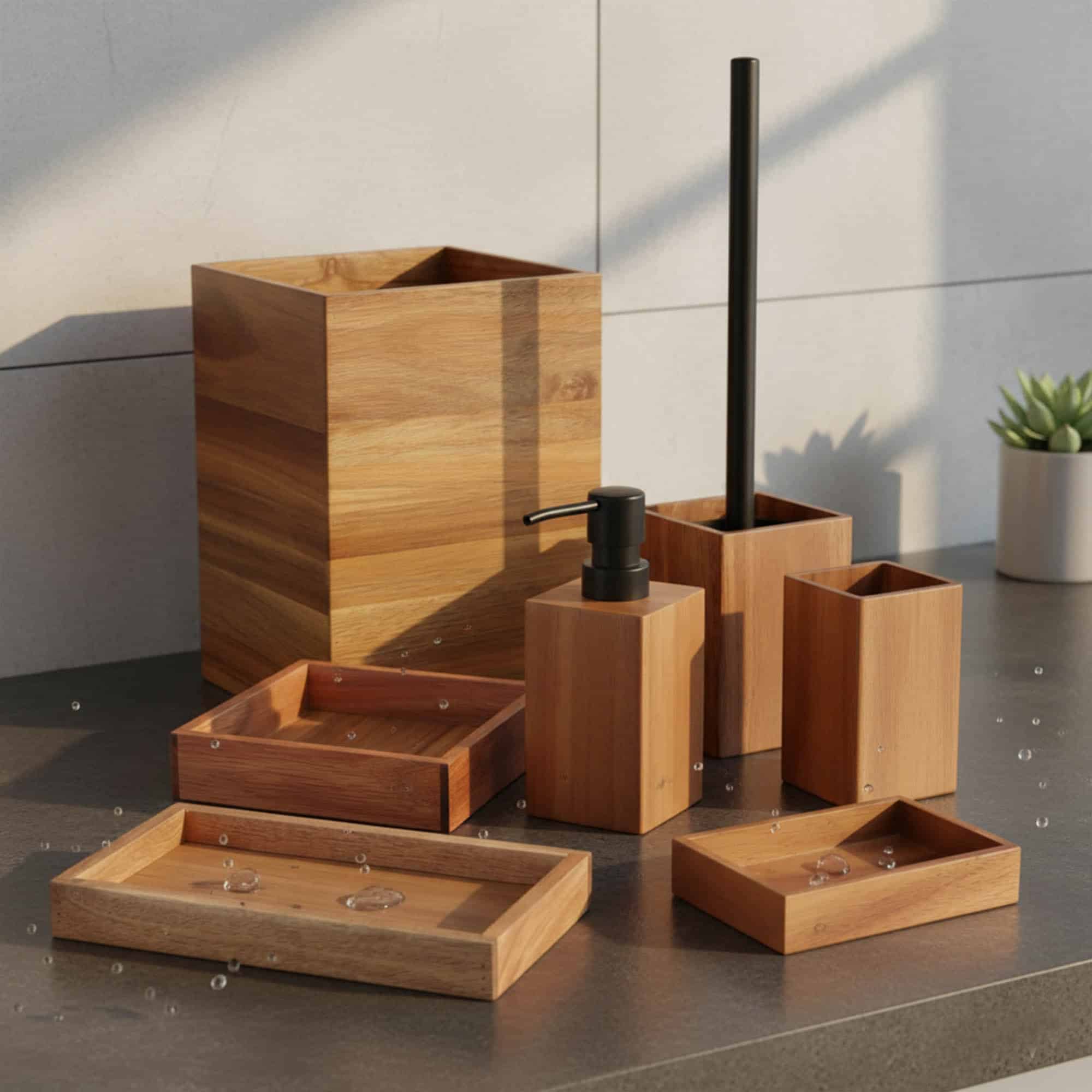 Acacia wood bathroom accessory set with seven pieces including soap dishes, tissue box, soap dispenser, toilet brush holder, and containers