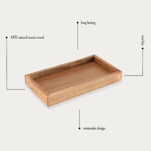 Acacia wood tray features and materials graphic