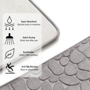 Light gray runner mat with overlay showing icons and features for super absorbent, quick drying, OEKO-TEX certified, and anti-slip backing