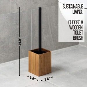 A toilet brush and wooden holder with dimensions (3.8" x 3.8" x 14.9").