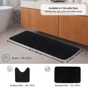 Black runner bath mat displayed under vanity with labeled dimensions 48x18 in and visual icons for additional contour and standard mat options