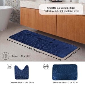 Navy blue runner bath mat displayed under vanity with labeled dimensions 48x18 in and visual icons for additional contour and standard mat options