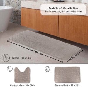Taupe runner bath mat displayed under vanity with labeled dimensions 48x18 in and visual icons for additional contour and standard mat options