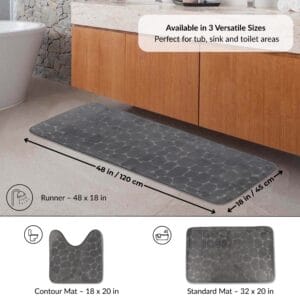 Dark gray runner bath mat displayed under vanity with labeled dimensions 48x18 in and visual icons for additional contour and standard mat options