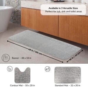 Light gray runner bath mat displayed under vanity with labeled dimensions 48x18 in and visual icons for additional contour and standard mat options
