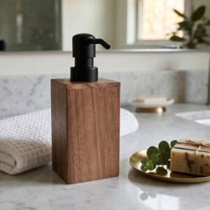 Wooden soap dispenser on marble bathroom counter with towel and soap