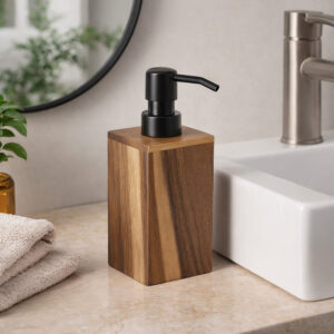 Acacia soap dispenser near sink with modern faucet and mirror