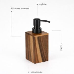 Acacia soap dispenser with feature icons minimalist design white background