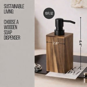 Wooden soap dispenser with size dimensions 10 fl oz capacity display
