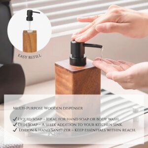 Refillable wooden soap dispenser in use with hand dispensing liquid soap