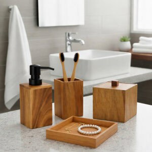Acacia bathroom accessories set with tray dispenser holder box