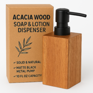 Acacia wood soap and lotion dispenser with matte black pump, 10 fl oz capacity, eco friendly, dispensador de jabón y loción de madera acacia con bomba negra