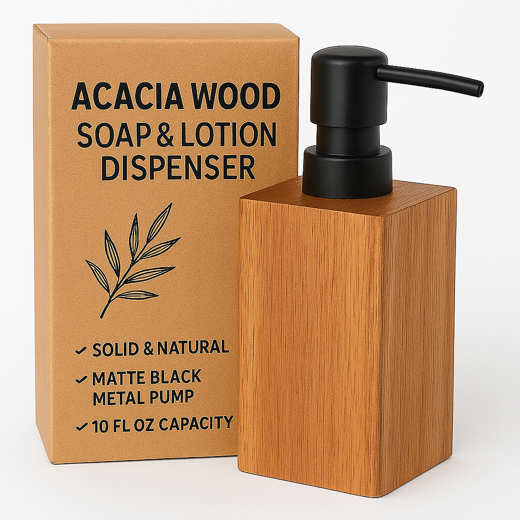 Acacia wood soap and lotion dispenser with matte black pump, 10 fl oz capacity, eco friendly, dispensador de jabón y loción de madera acacia con bomba negra