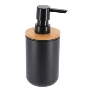 Black soap dispenser with bamboo top on white background