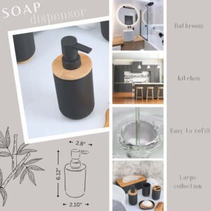 Bathroom soap dispenser infographic with dimensions and uses