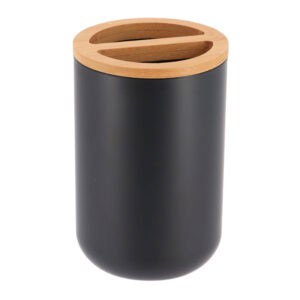 Black toothbrush holder with bamboo divider top close-up