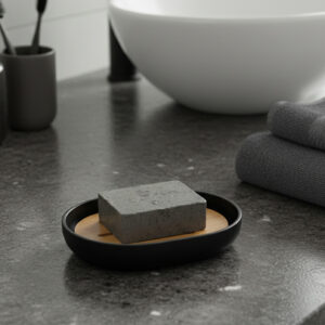 Black soap dish with bamboo insert holding gray soap on dark bathroom countertop