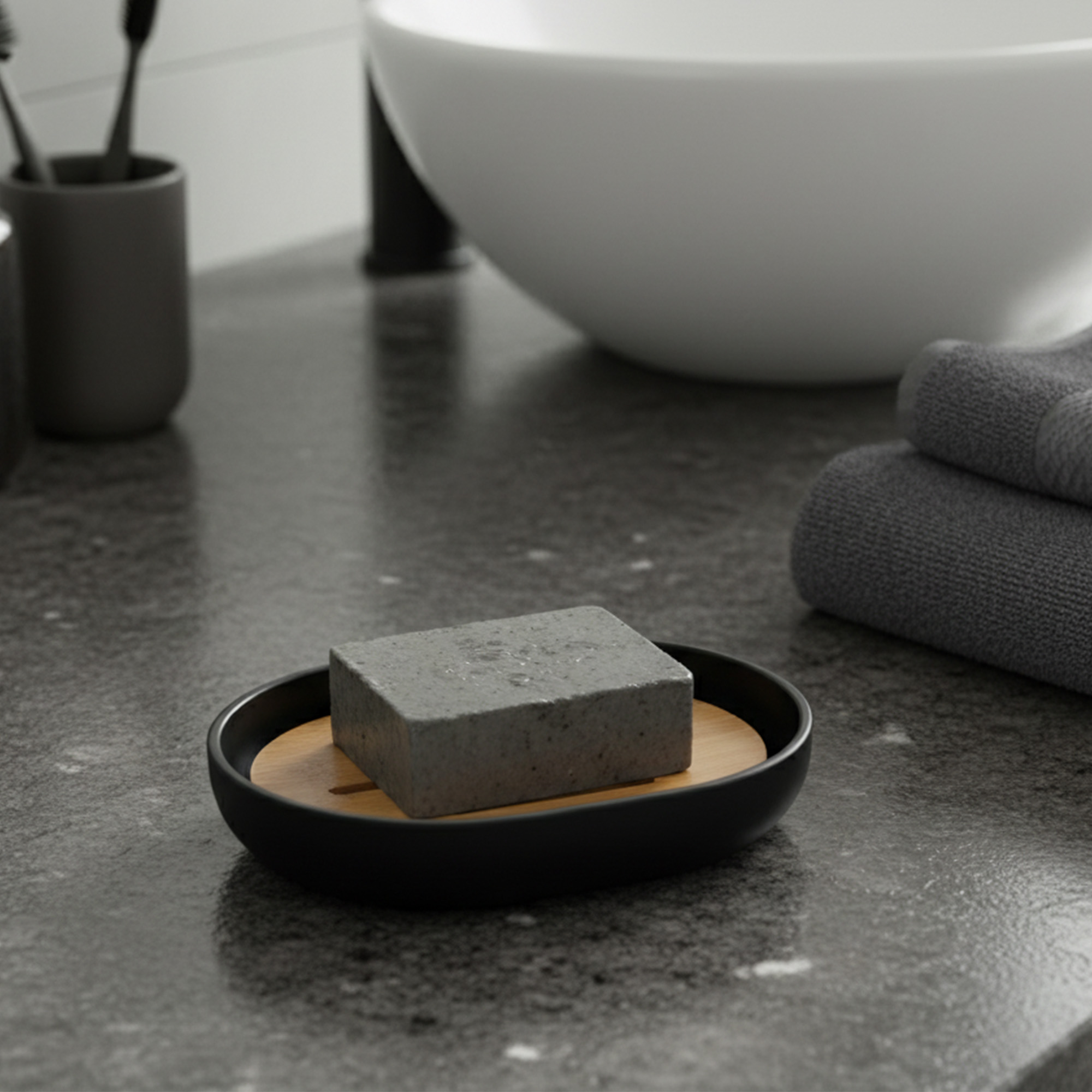 Black soap dish with bamboo insert holding gray soap on dark bathroom countertop