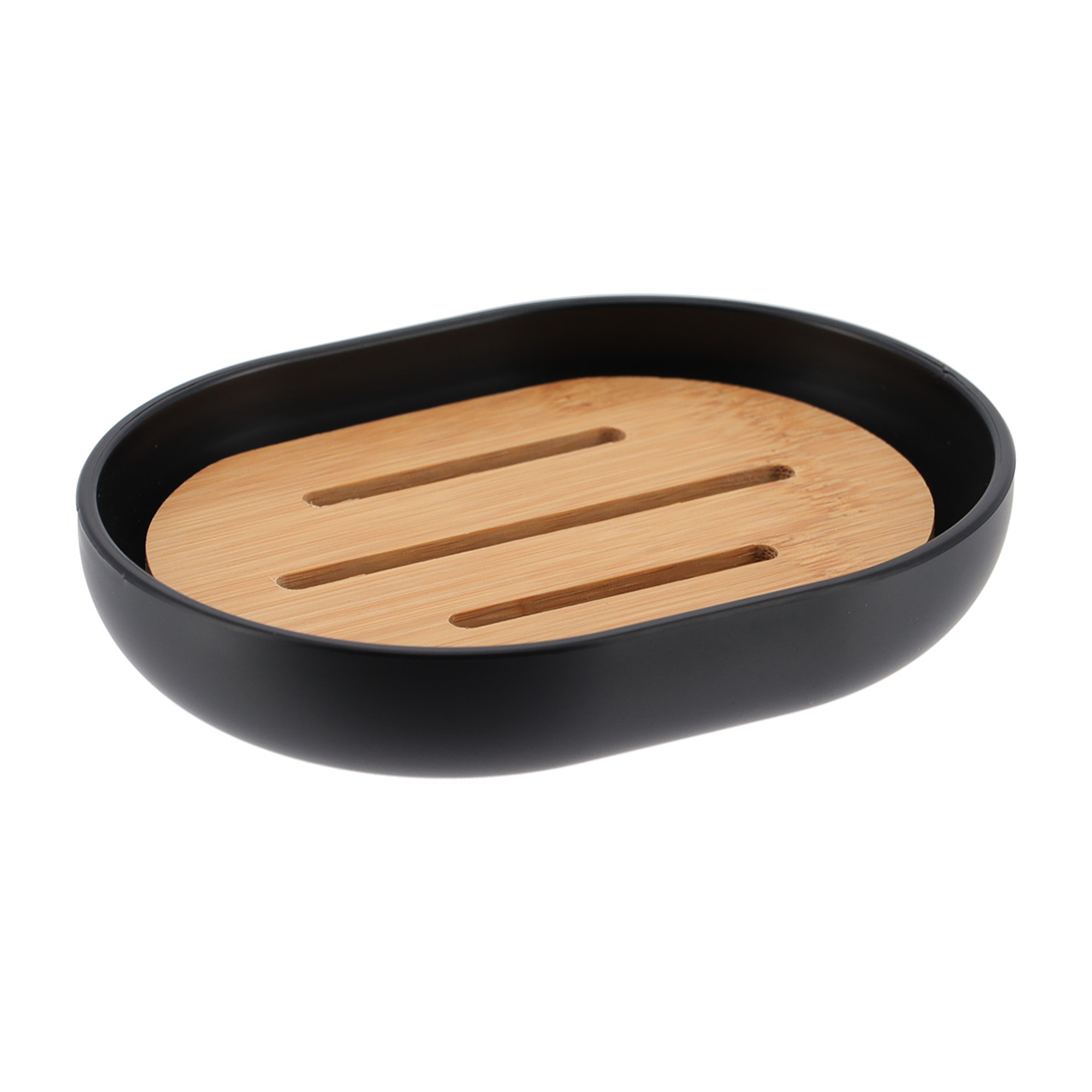 Oval black soap dish with slotted bamboo tray isolated on white background