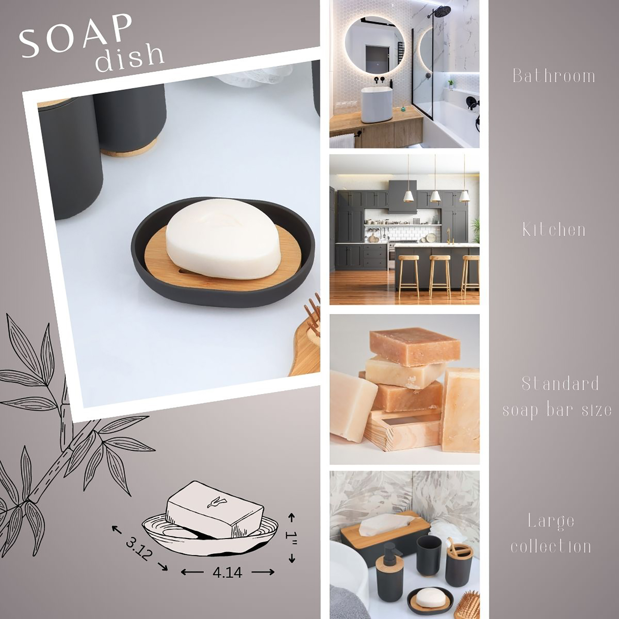 Soap dish infographic showing bathroom kitchen use and soap bar size