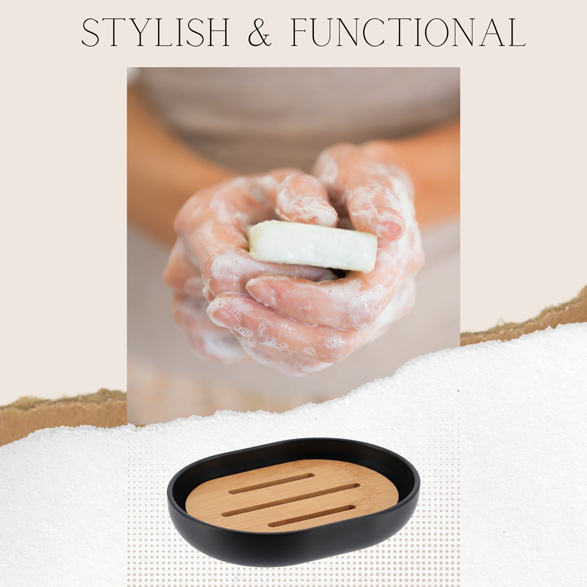 Graphic showing hands washing soap above black bamboo soap dish