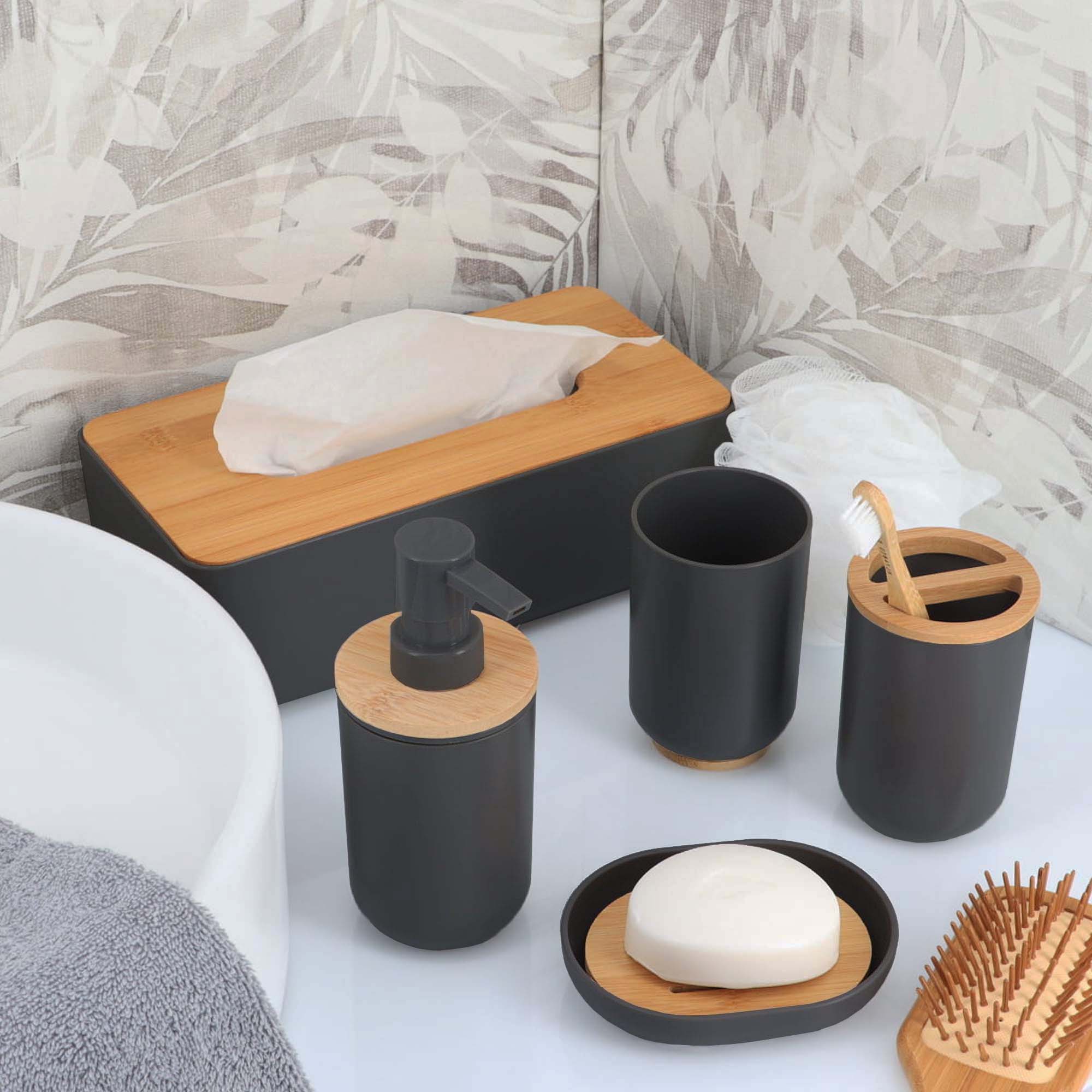 Black and bamboo bathroom accessory set with matching soap dish displayed
