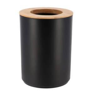 Black round waste basket with removable bamboo lid on white background
