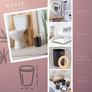 Black waste basket with bamboo top infographic with dimensions
