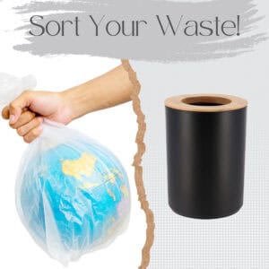Black trash can with bamboo lid shown for waste sorting concept