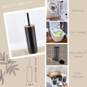Product collage showing matte black toilet brush with bamboo lid, dimensions, lifestyle bathroom photos, and coordinating accessories