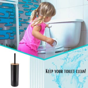 Child in pink dress cleaning toilet with matte black toilet brush featuring bamboo lid, product image inset below