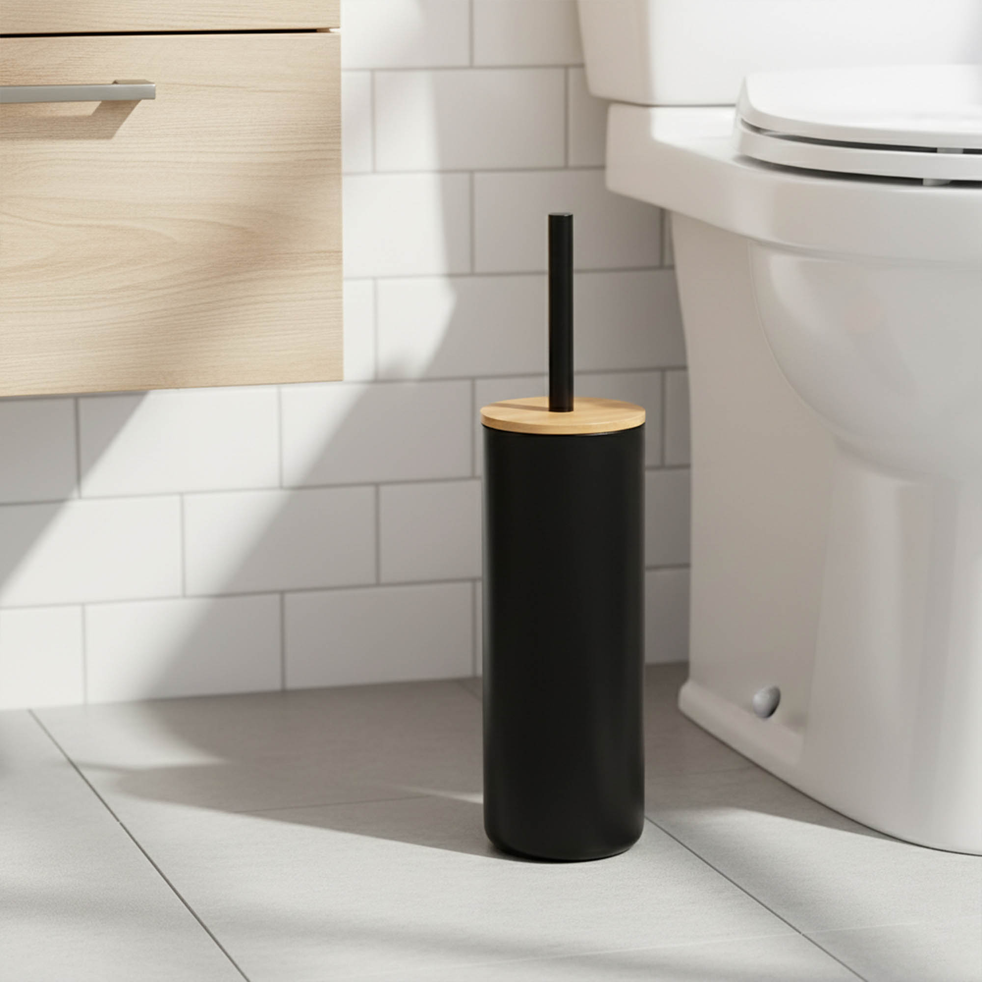 Matte black toilet brush with bamboo lid and black handle beside white toilet in modern bathroom