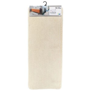 "Off-white microfiber bath mat runner shown in retail packaging with hanger, 50x120cm"