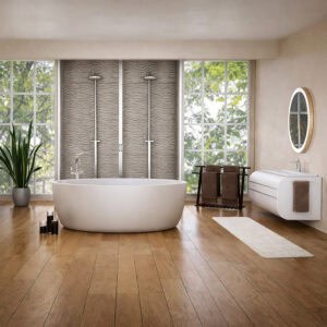 "Off-white bath mat runner placed in front of double-sink vanity in modern bathroom with freestanding tub and stone accent wall"