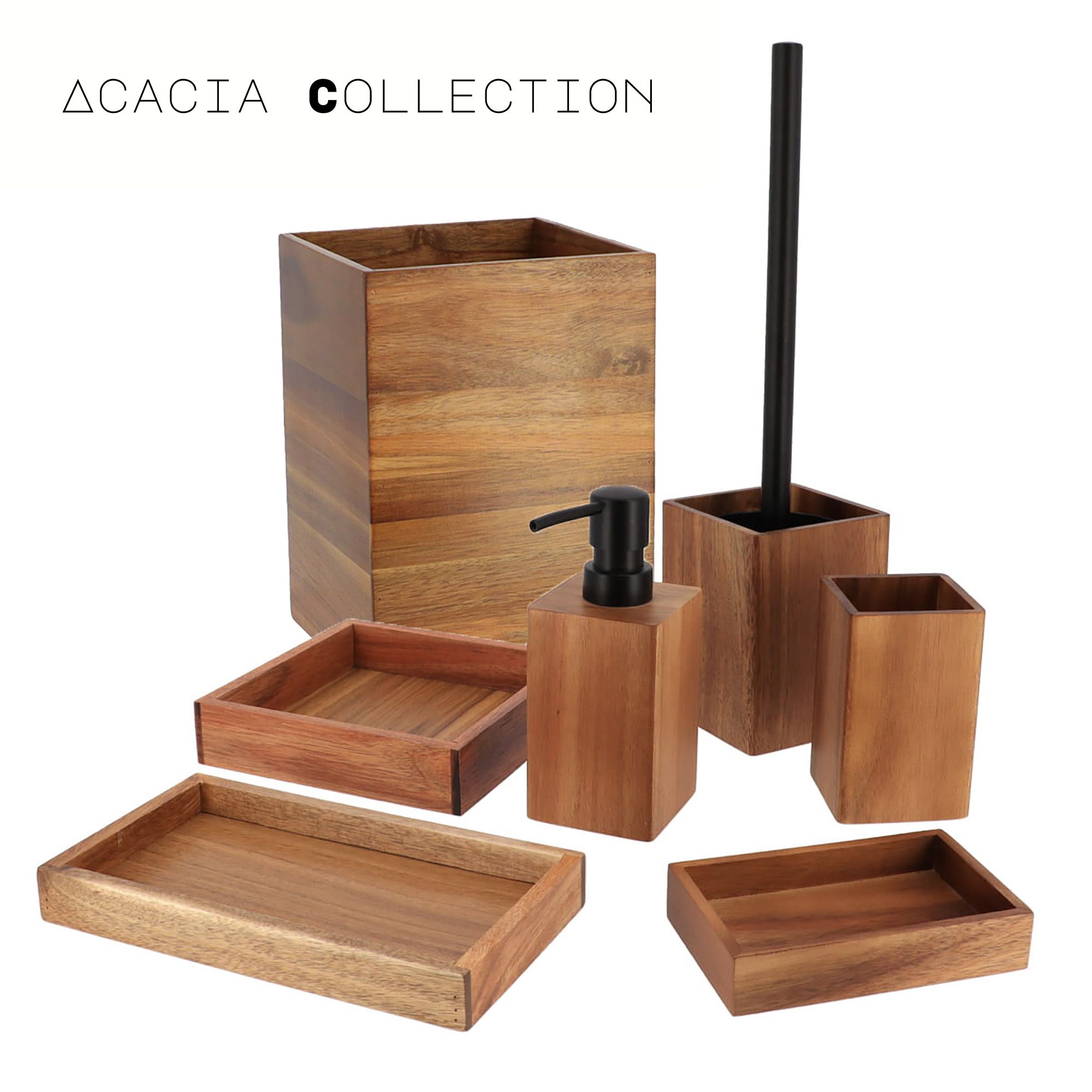 Acacia wood bathroom accessory collection displayed on white background