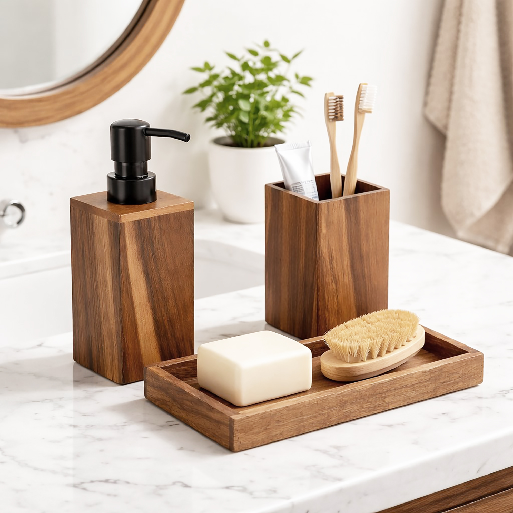 Wooden bathroom accessories set on marble countertop with soap, toothbrush