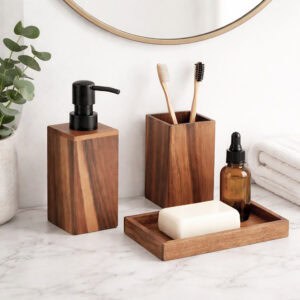 Acacia wood set with tray, soap bar, amber bottle, toothbrush holder