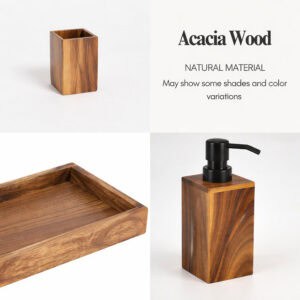 Matching acacia wood bathroom accessories set with water droplets