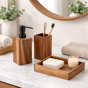 Wooden bathroom accessories with soap, candle, toothbrush holder on countertop