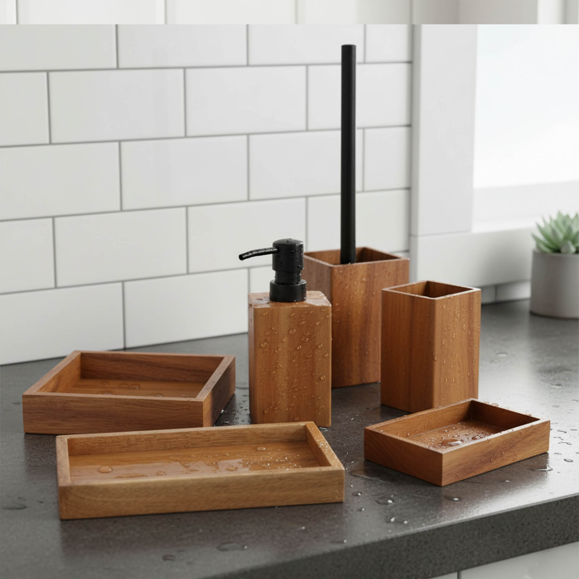 Bathroom accessories set on countertop with water droplets acacia wood finish