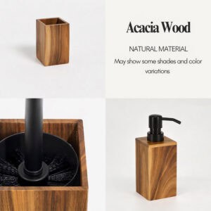 Close-up of acacia wood grain toilet brush holder and soap dispenser