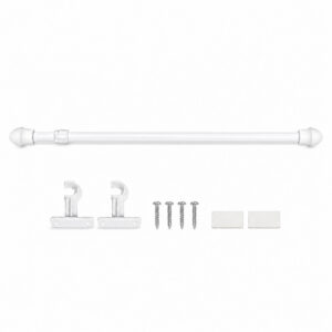 White adjustable cafe curtain rod set with acorn finials, wall brackets, screws and adhesive pads
