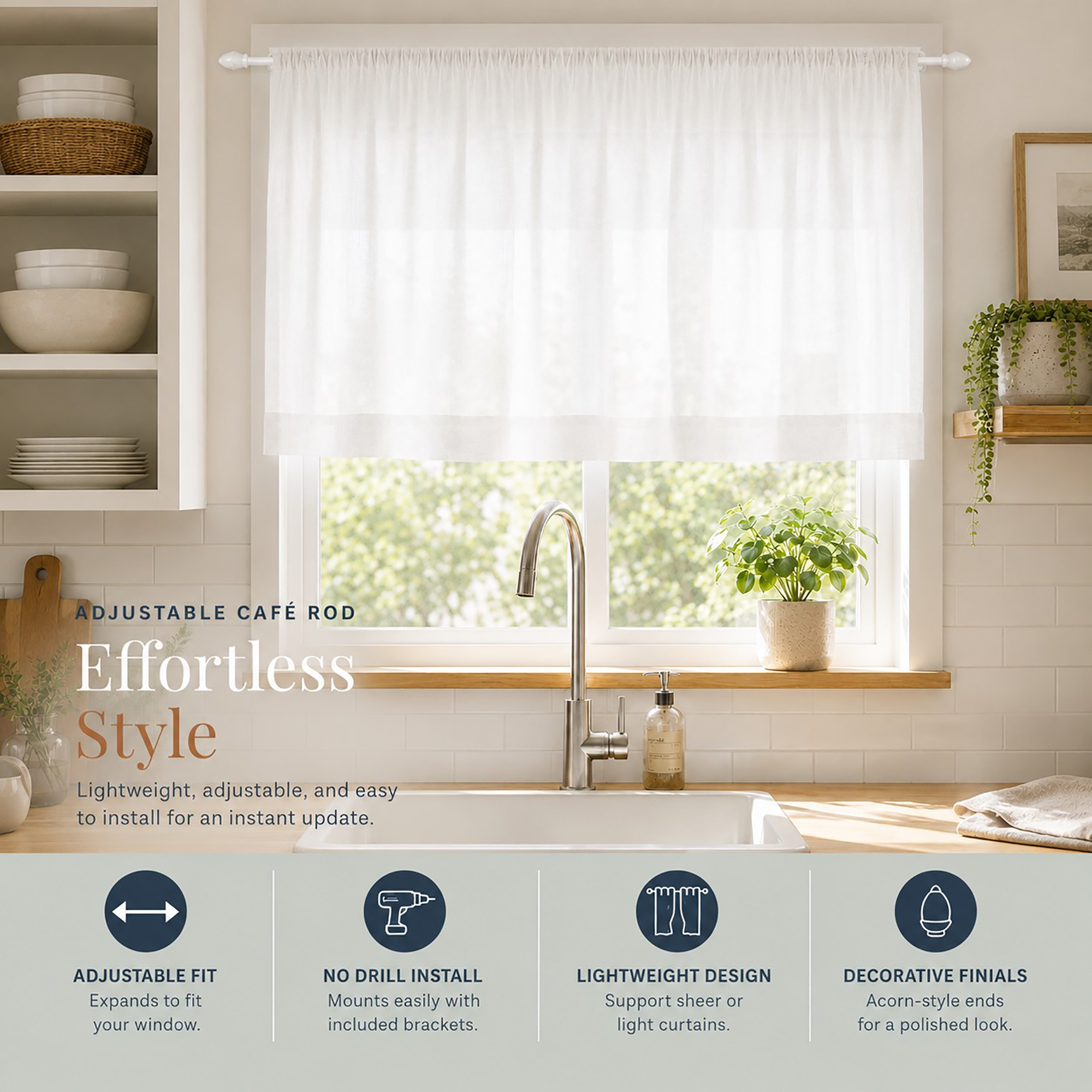 Sheer white cafe curtain on a white rod over a farmhouse kitchen sink window