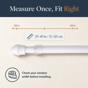 White cafe rod extending from 29 to 49 inches with a width measurement guide
