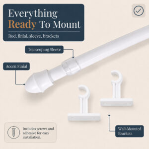 Labeled acorn finial, telescoping sleeve and white wall-mounted brackets of a cafe rod