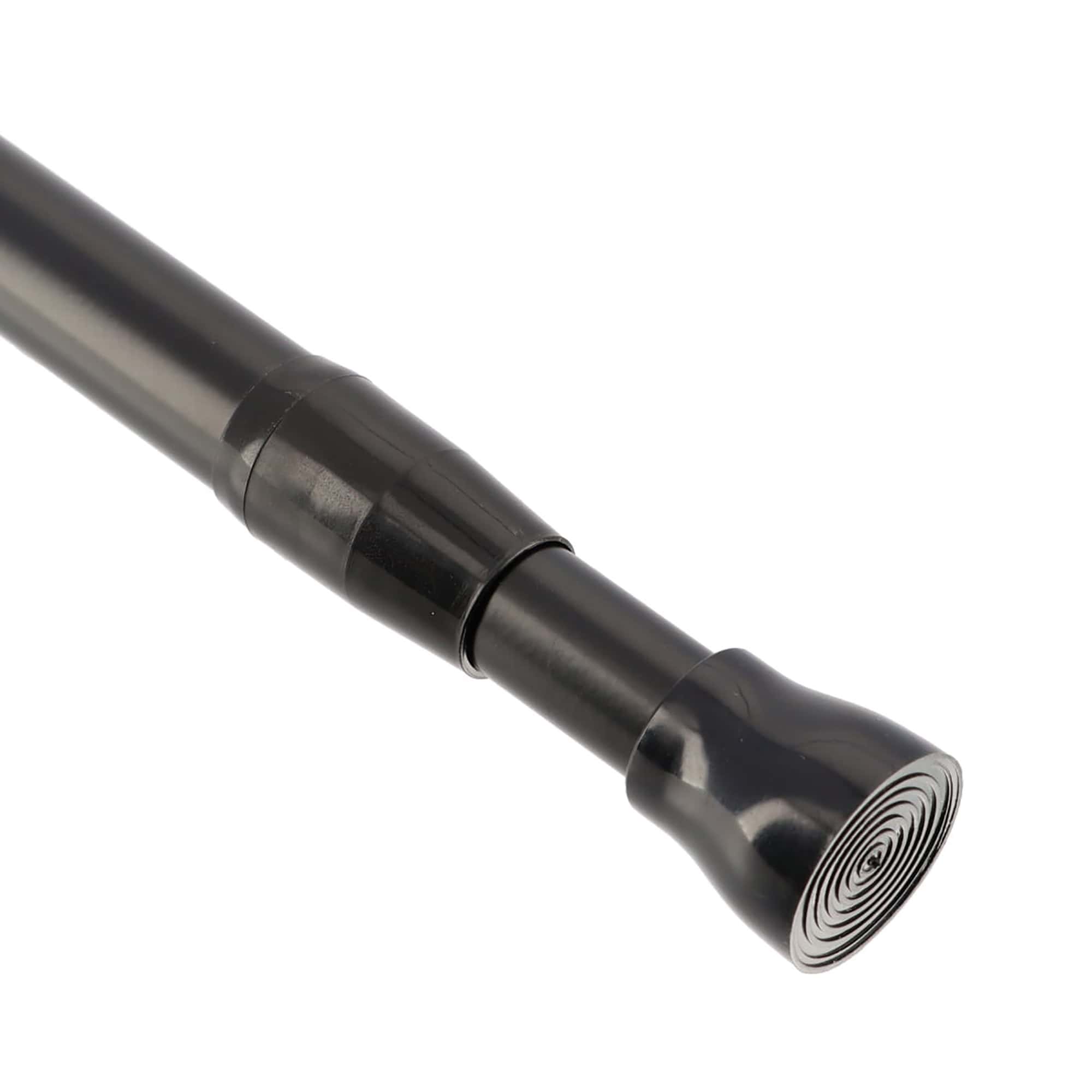 Tension shower curtain rod black 28 to 47 inch close-up showing matte black tube and end caps with central telescoping joint