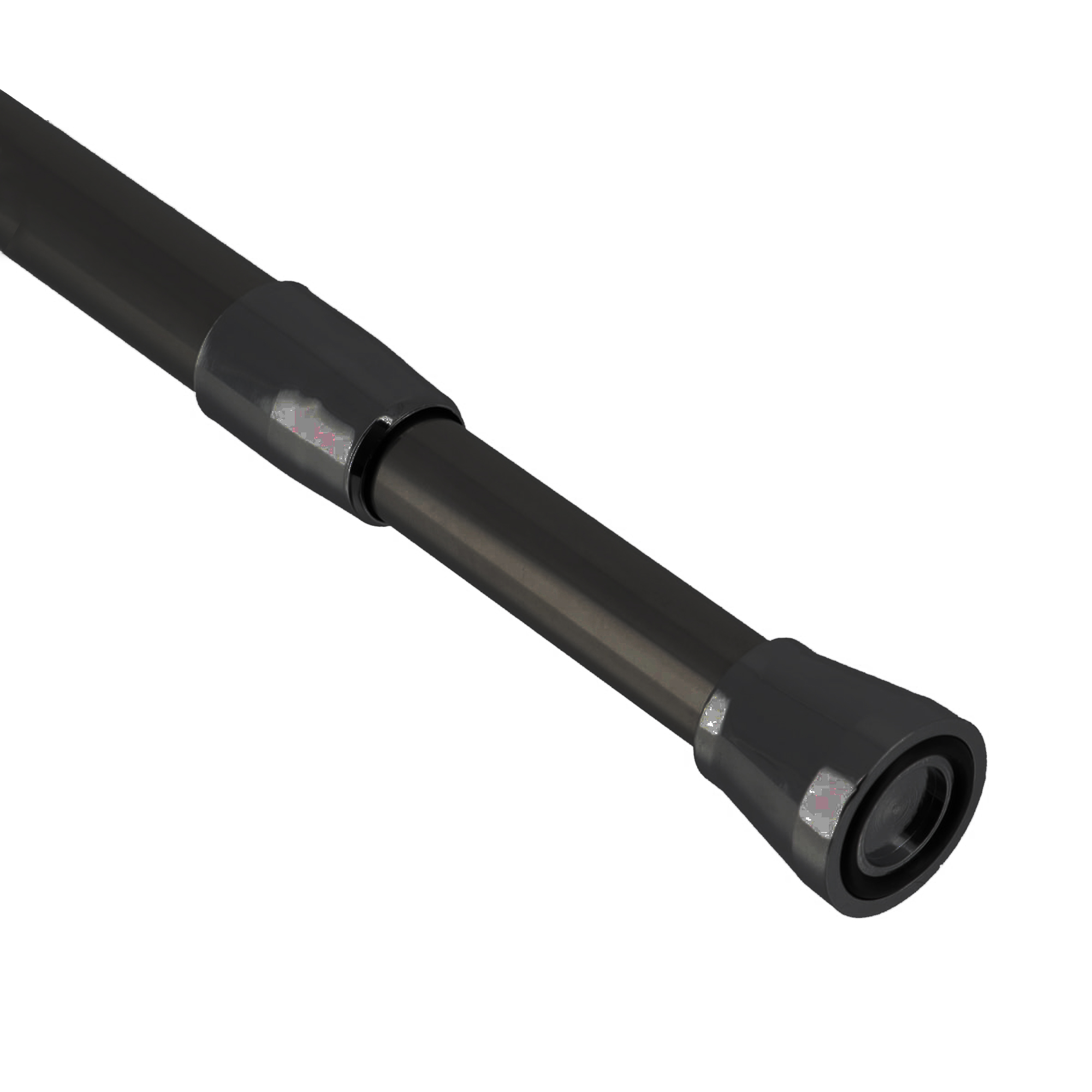 Black tension adjustable shower curtain rod, 43 to 79 inches, no drill installation, rust-resistant finish